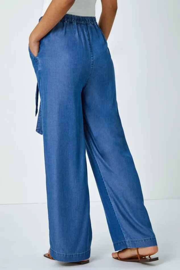 Women Denim Elastic Tie Waist Pocket Shorts Roman Trousers