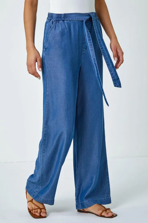 Women Denim Elastic Tie Waist Pocket Shorts Roman Trousers