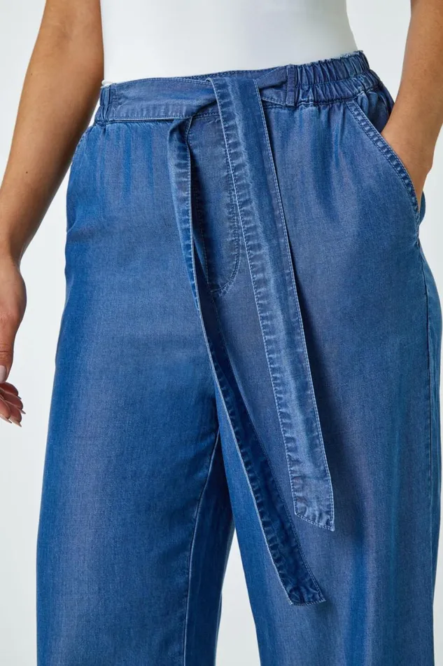 Women Denim Elastic Tie Waist Pocket Shorts Roman Trousers