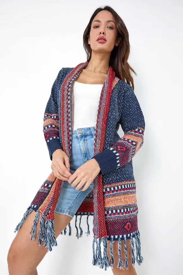 Women Denim Fringed Hem Longline Cardigan Roman Knitwear
