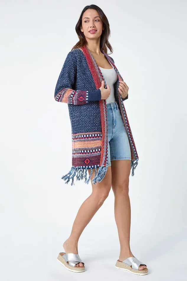 Women Denim Fringed Hem Longline Cardigan Roman Knitwear