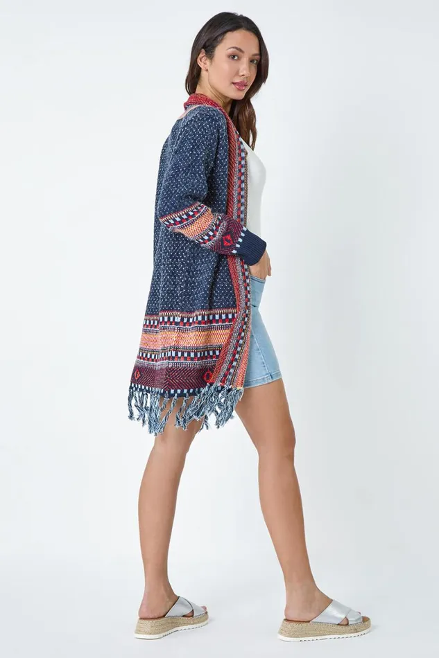 Women Denim Fringed Hem Longline Cardigan Roman Knitwear