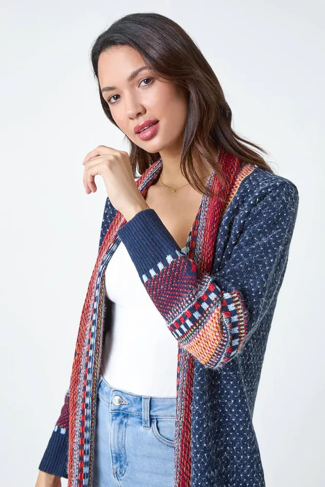 Women Denim Fringed Hem Longline Cardigan Roman Knitwear