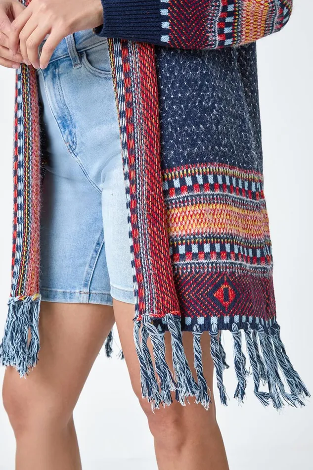 Women Denim Fringed Hem Longline Cardigan Roman Knitwear