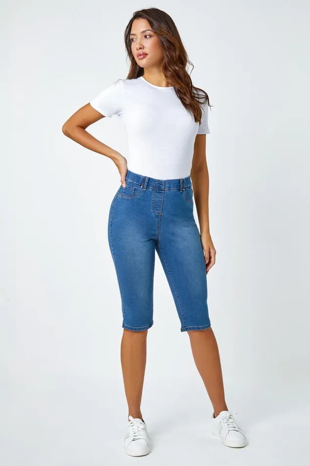 Women Denim Knee Length Elastic Waist Cropped Pedal Pusher Roman Coords