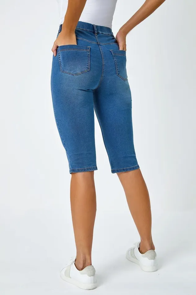 Women Denim Knee Length Elastic Waist Cropped Pedal Pusher Roman Coords