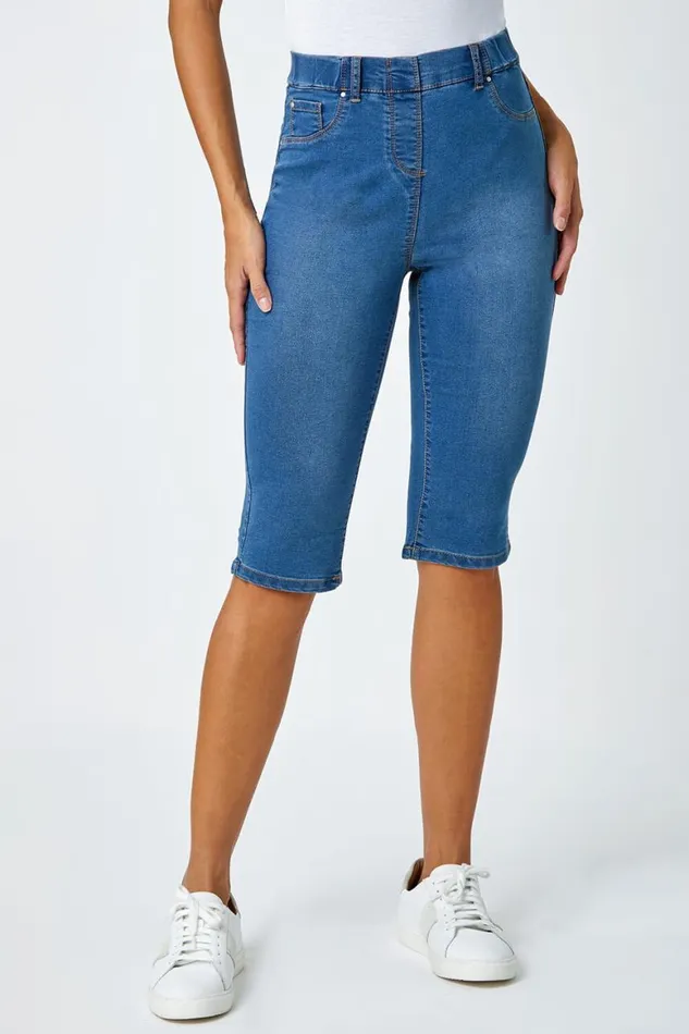 Women Denim Knee Length Elastic Waist Cropped Pedal Pusher Roman Coords