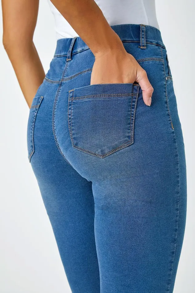 Women Denim Knee Length Elastic Waist Cropped Pedal Pusher Roman Coords