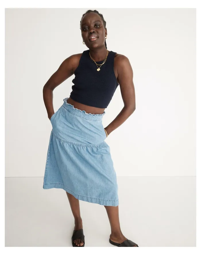 Women Denim Pull On Midi Skirt In Normandie Wash Normandie Wash Madewell Skirts