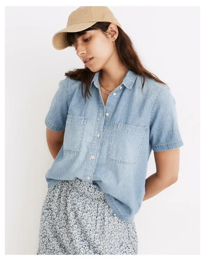 Women Denim Short Sleeve Button Up Shirt In Brickton Wash Brickton Wash Madewell Tops and Shirts Women Denim Short Sleeve Button Up Shirt In Brickton Wash Brickton Wash Madewell Tops and Shirts
