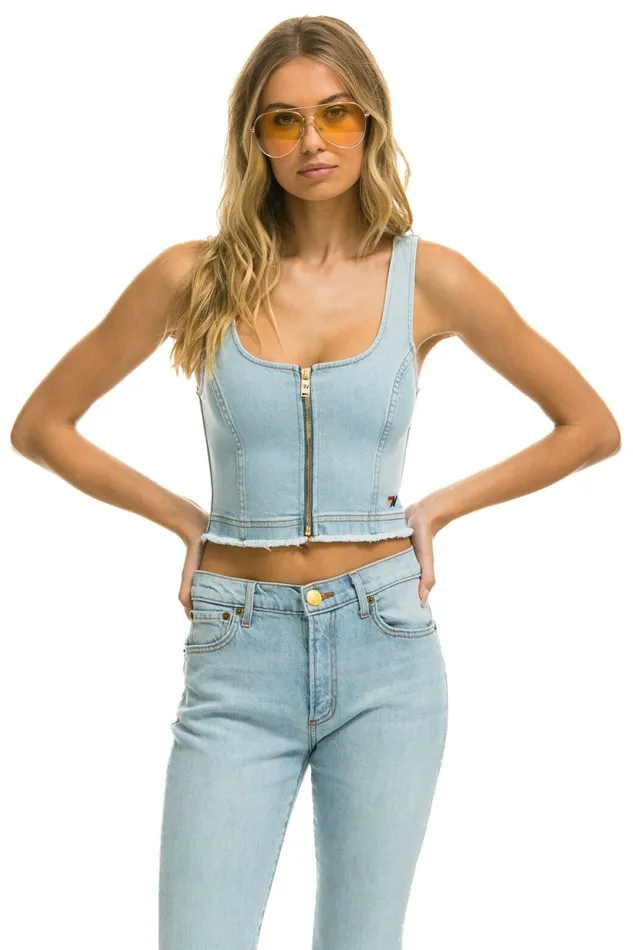Women DENIM TOP ZIP FRONT BUSTIER 8211 SUPER LIGHT Aviator Nation Denim Women DENIM TOP ZIP FRONT BUSTIER 8211 SUPER LIGHT Aviator Nation Denim