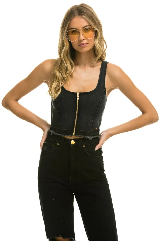 Women DENIM TOP ZIP FRONT BUSTIER 8211 VINTAGE BLACK Aviator Nation Denim Women DENIM TOP ZIP FRONT BUSTIER 8211 VINTAGE BLACK Aviator Nation Denim