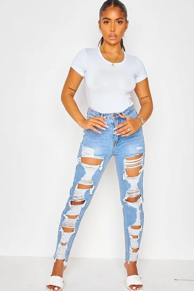 Women Destroyed Blue Mom Jeans Blue Brentiny Paris Jeans