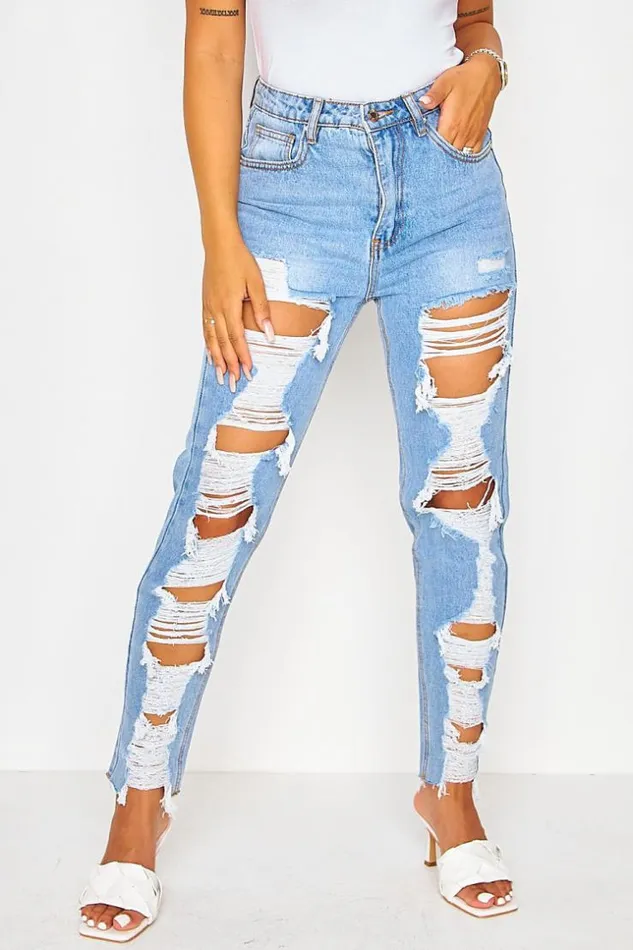 Women Destroyed Blue Mom Jeans Blue Brentiny Paris Jeans Women Destroyed Blue Mom Jeans Blue Brentiny Paris Jeans
