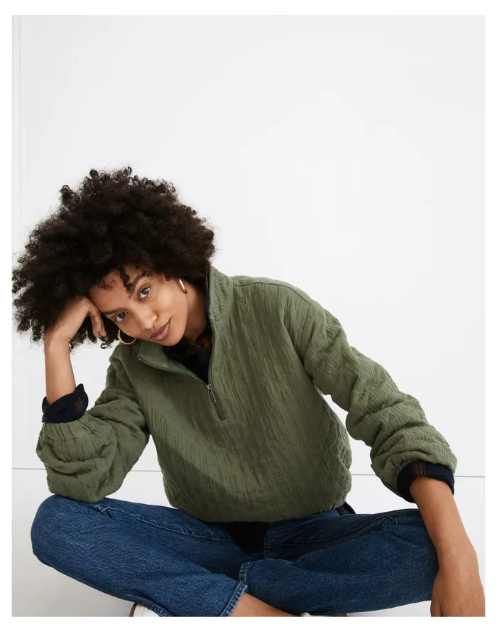 Women Diamond Jacquard Half Zip Pullover Top Faded Palm Madewell Tops and Shirts