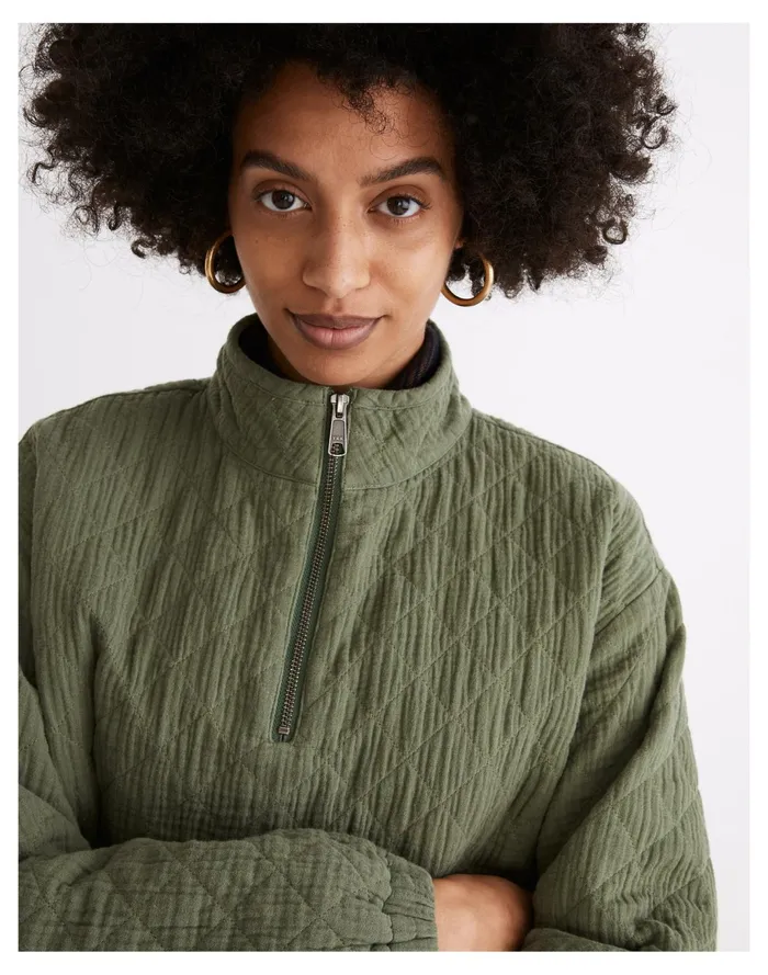Women Diamond Jacquard Half Zip Pullover Top Faded Palm Madewell Tops and Shirts Women Diamond Jacquard Half Zip Pullover Top Faded Palm Madewell Tops and Shirts