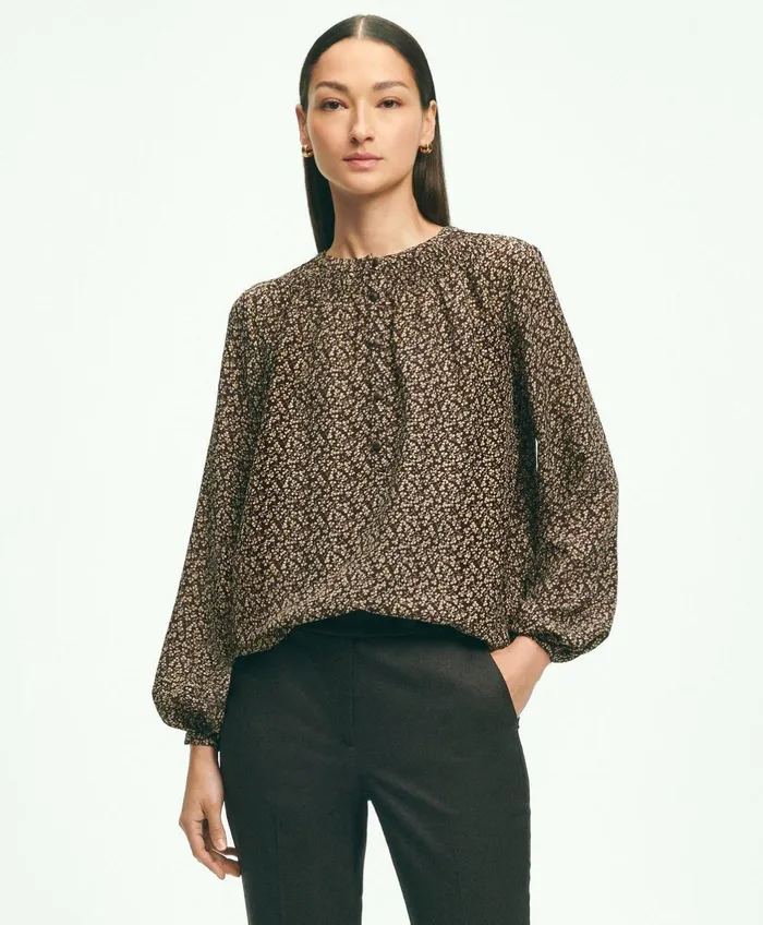 Women Ditsy Print Peasant Blouse Brown Multi Brooks Brothers Blouses and Shirts
