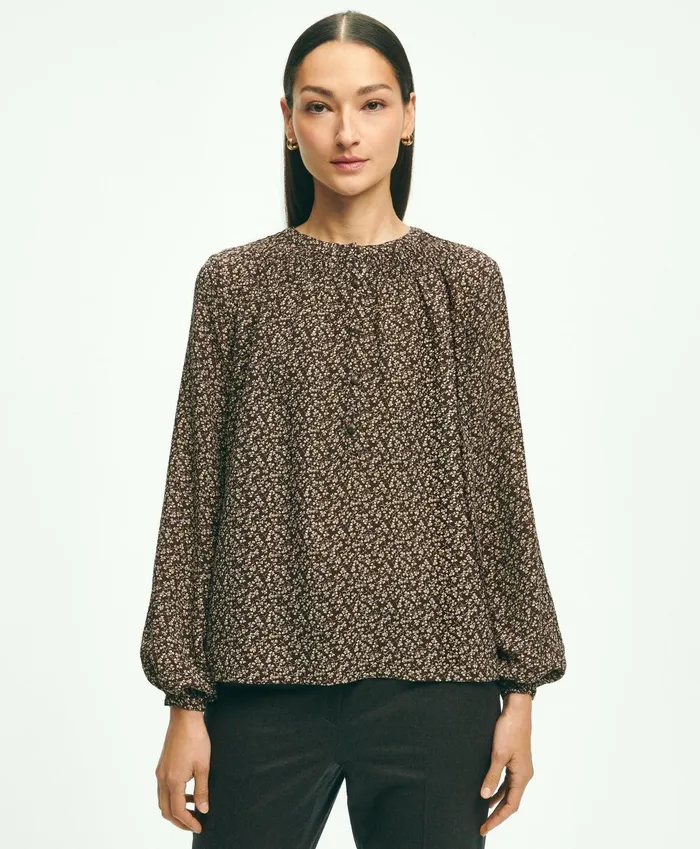Women Ditsy Print Peasant Blouse Brown Multi Brooks Brothers Blouses and Shirts
