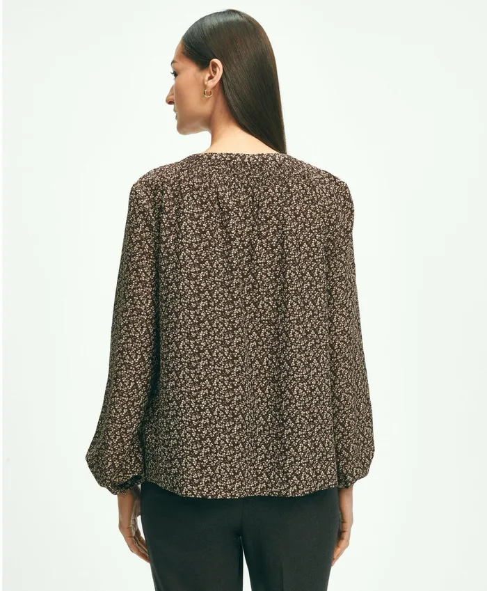 Women Ditsy Print Peasant Blouse Brown Multi Brooks Brothers Blouses and Shirts