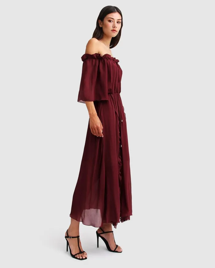 Women Dresses Belle and Bloom Amour Amour Ruffled Midi Dress 8211 Burgundy
