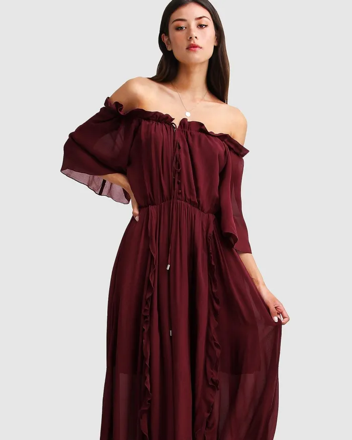 Women Dresses Belle and Bloom Amour Amour Ruffled Midi Dress 8211 Burgundy