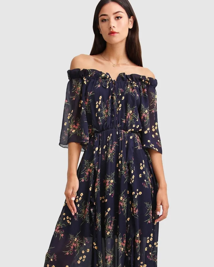 Women Dresses Belle and Bloom Amour Amour Ruffled Midi Dress 8211 Navy
