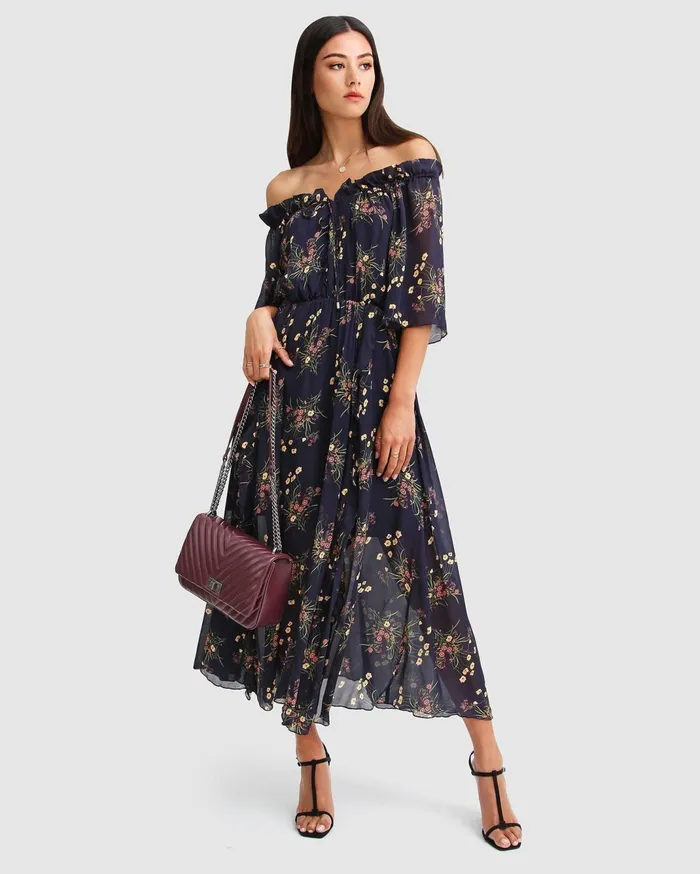 Women Dresses Belle and Bloom Amour Amour Ruffled Midi Dress 8211 Navy
