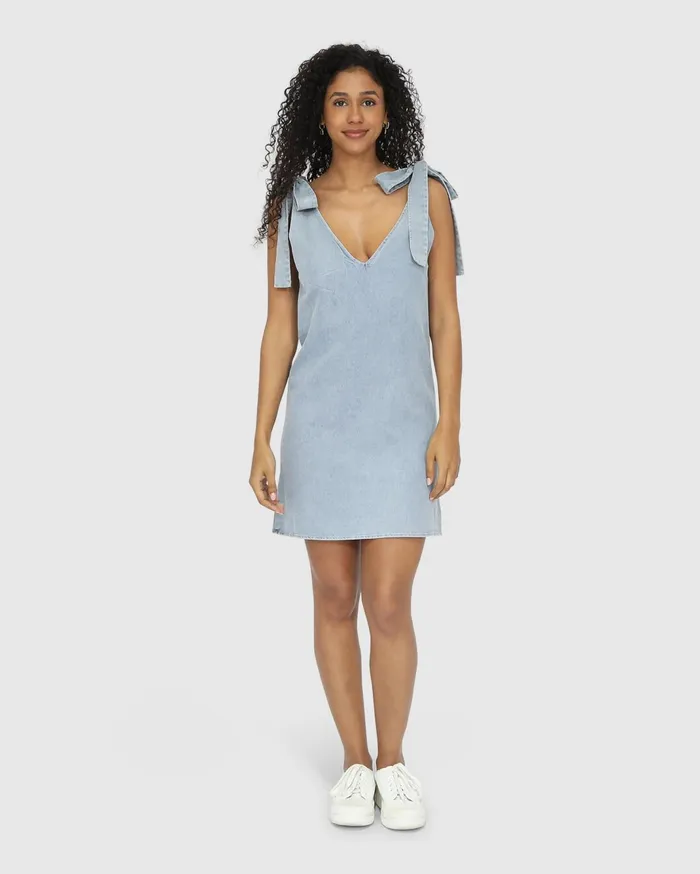 Women Dresses Belle and Bloom Burning Love Tie Shoulder Mini Dress 8211 Stonewash