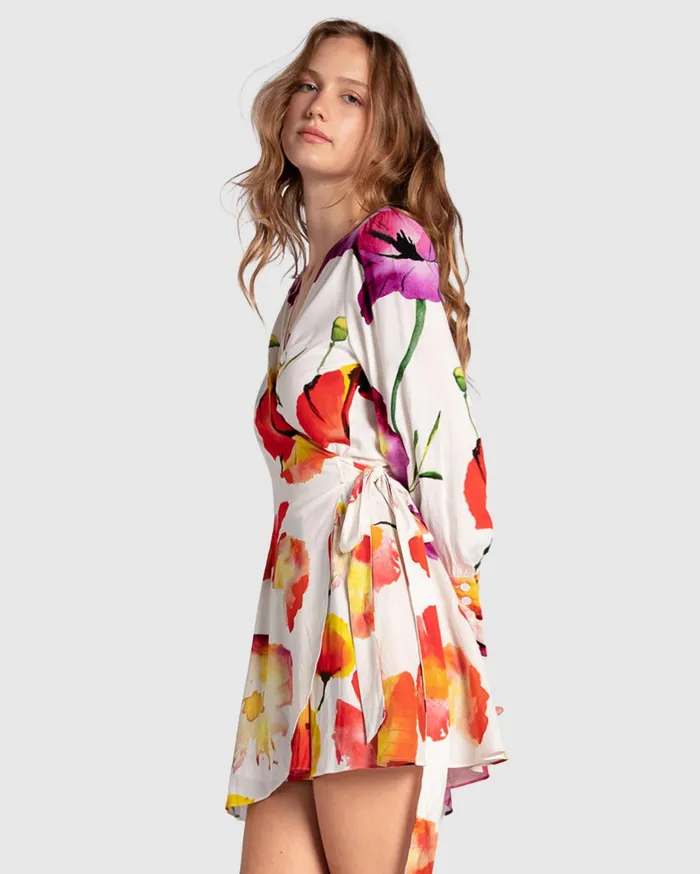 Women Dresses Belle and Bloom The Dancer Longsleeve Mini Wrap Dress 8211 Wild Poppies
