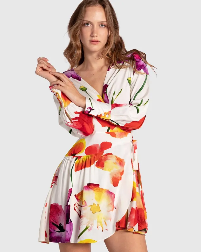 Women Dresses Belle and Bloom The Dancer Longsleeve Mini Wrap Dress 8211 Wild Poppies