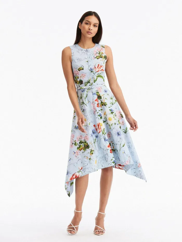 Women Dresses Oscar De La Renta Asymmetrical Sketched Floral Cotton Poplin Dress Light Blue Mult