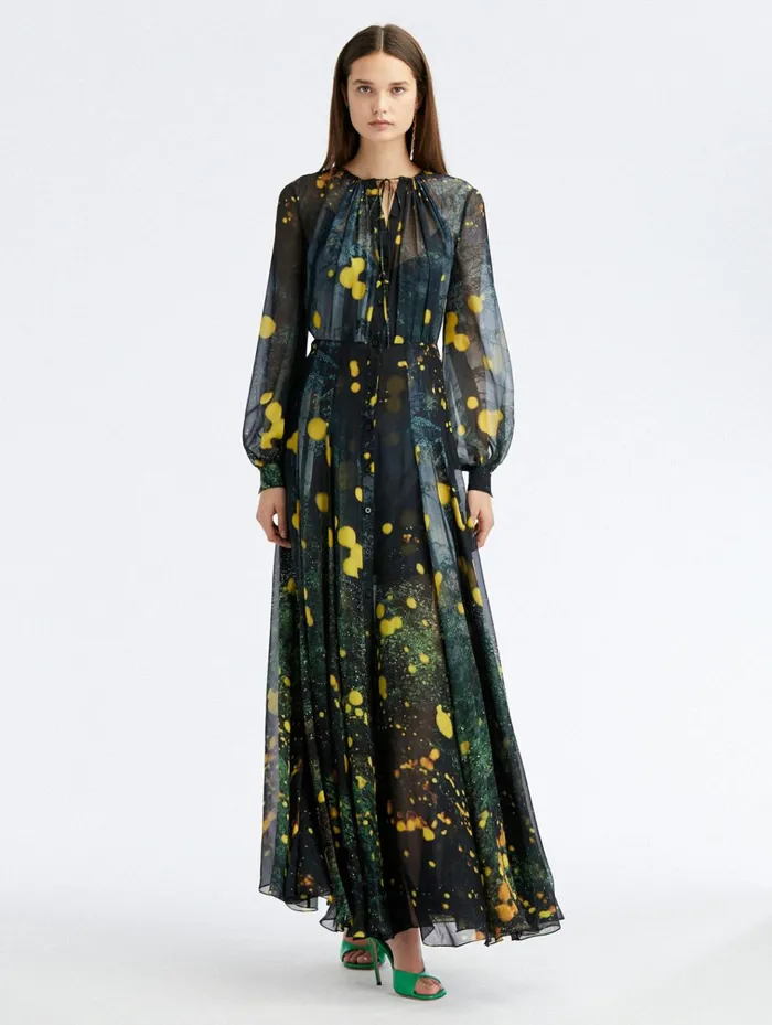 Women Dresses Oscar De La Renta Firefly Satin Chiffon Maxi Dress Midnight Multi