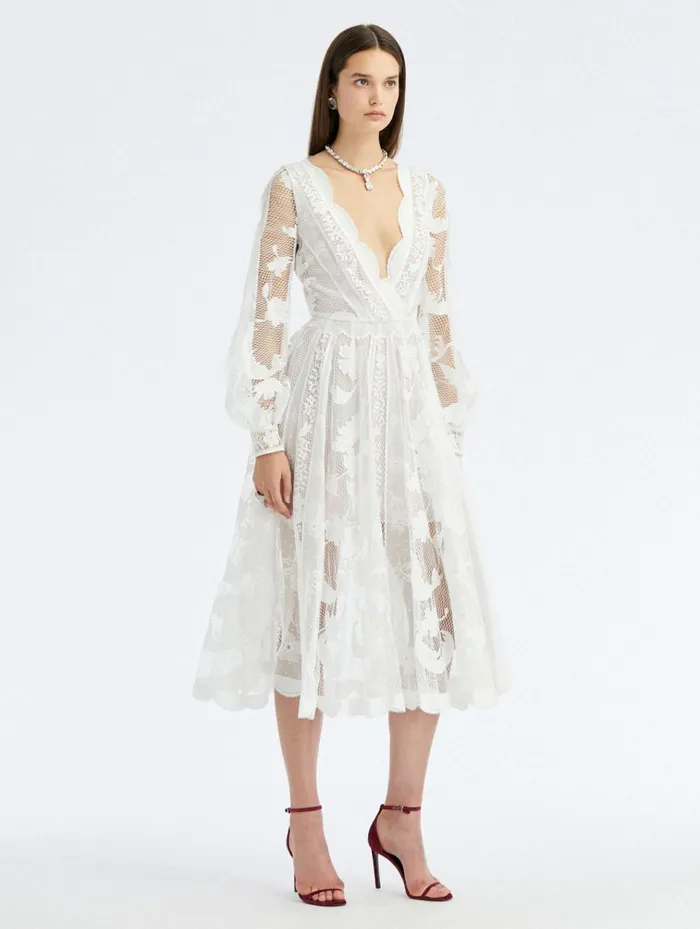 Women Dresses Oscar De La Renta Floral Guipure Lace Scallop Dress Ivory
