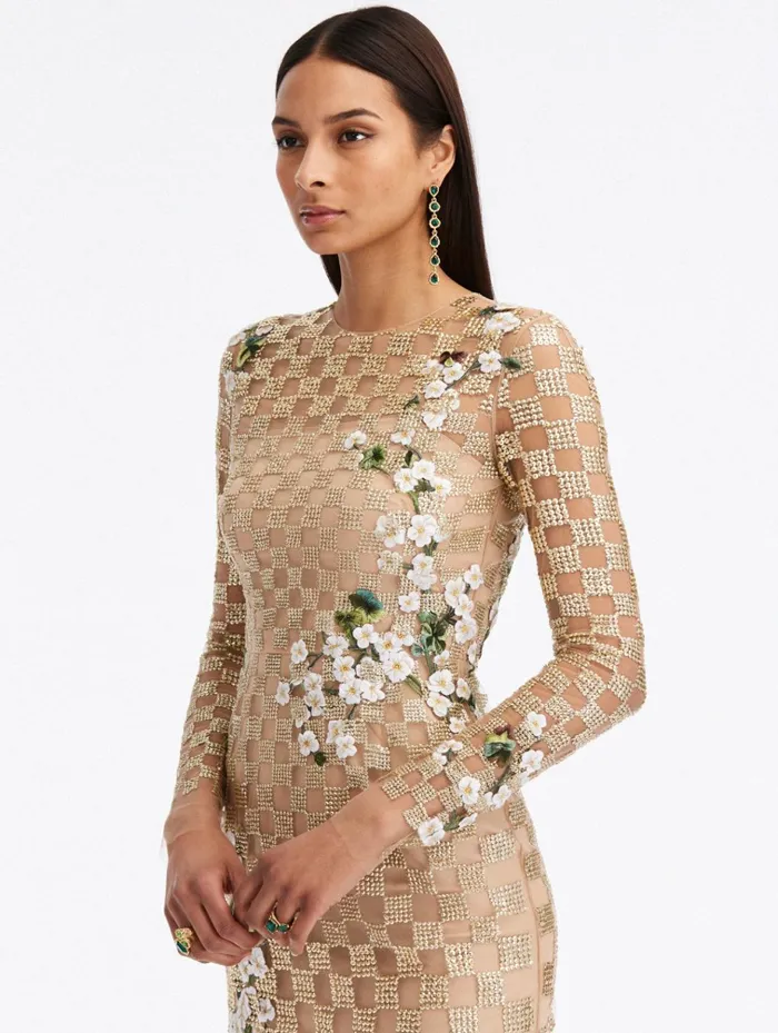 Women Dresses Oscar De La Renta Grid and Floral Threadwork Mini Dress Gold Women Dresses Oscar De La Renta Grid and Floral Threadwork Mini Dress Gold