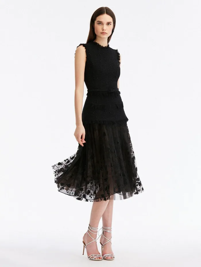 Women Dresses Oscar De La Renta Ribbon Tweed and Velvet Guipure Dress Black