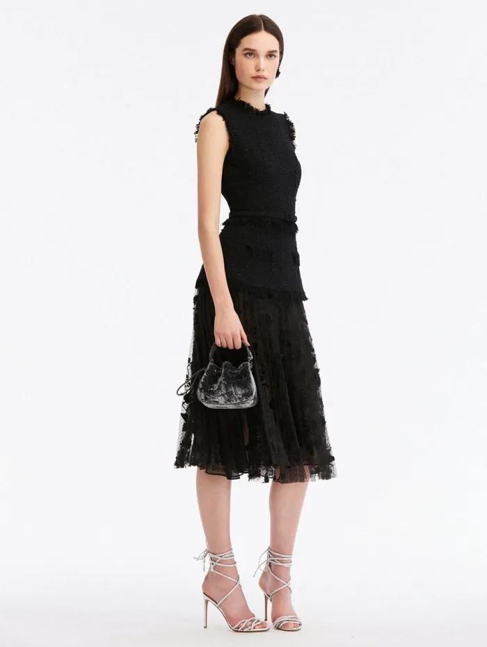 Women Dresses Oscar De La Renta Ribbon Tweed and Velvet Guipure Dress Black Women Dresses Oscar De La Renta Ribbon Tweed and Velvet Guipure Dress Black