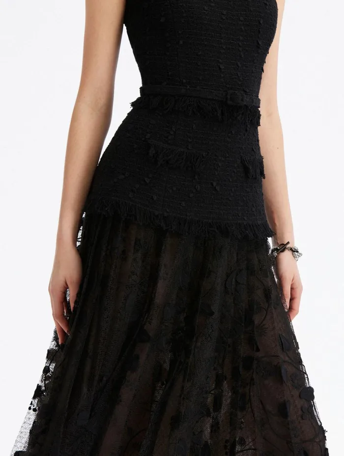Women Dresses Oscar De La Renta Ribbon Tweed and Velvet Guipure Dress Black Women Dresses Oscar De La Renta Ribbon Tweed and Velvet Guipure Dress Black