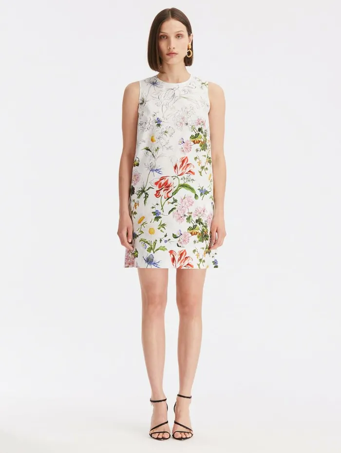 Women Dresses Oscar De La Renta Sketched Floral Cotton Poplin Shift Dress White Multi