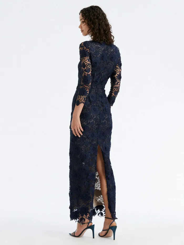 Women Dresses Oscar De La Renta Water Lily Guipure Tea Length Dress Navy Women Dresses Oscar De La Renta Water Lily Guipure Tea Length Dress Navy