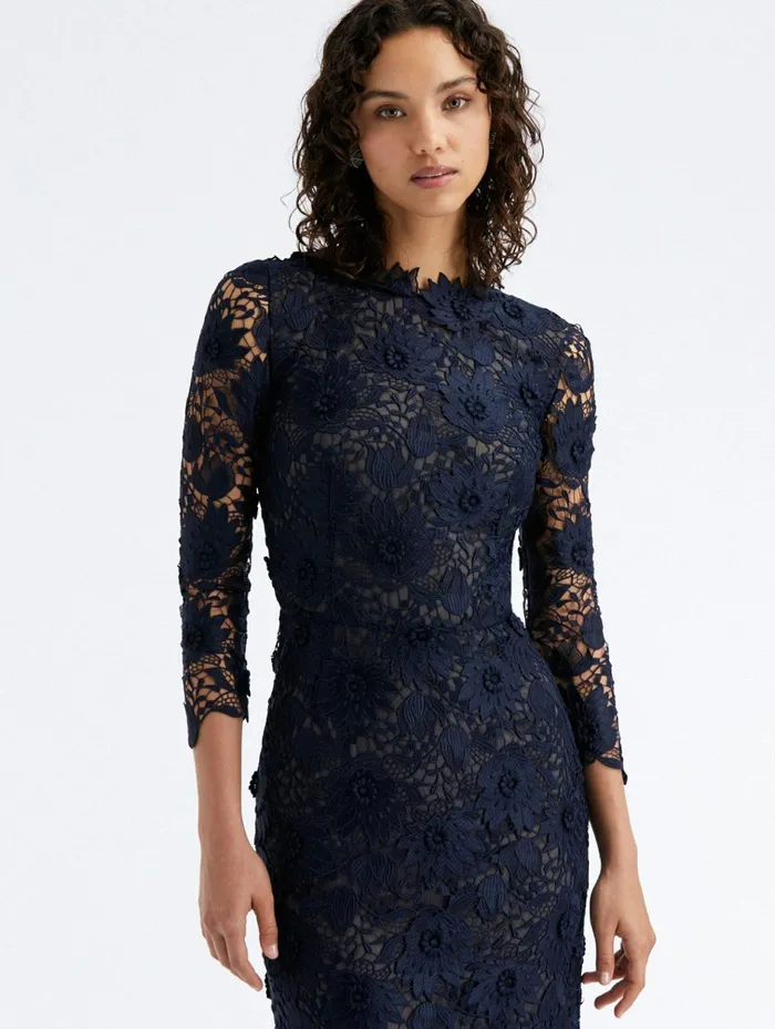 Women Dresses Oscar De La Renta Water Lily Guipure Tea Length Dress Navy Women Dresses Oscar De La Renta Water Lily Guipure Tea Length Dress Navy