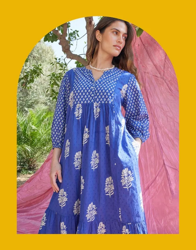 Women East Bohemian Print Dobby Dress Blue Monsoon Dresses