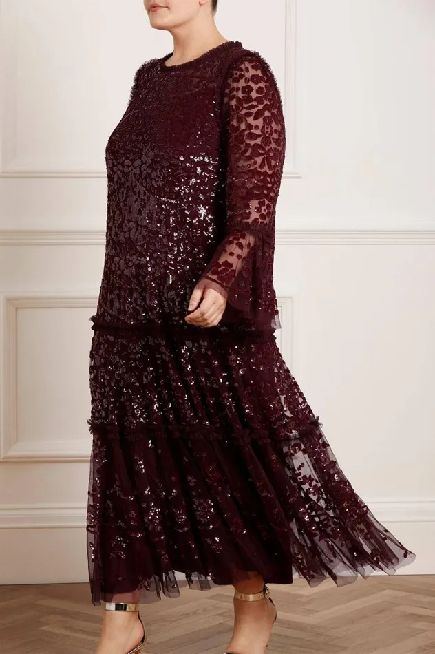 Women Embellished Dresses Needle and Thread Annie Sequin Tiered Ankle Gown Burgundy