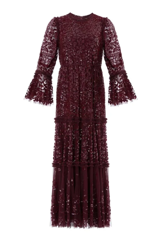 Women Embellished Dresses Needle and Thread Annie Sequin Tiered Ankle Gown Burgundy