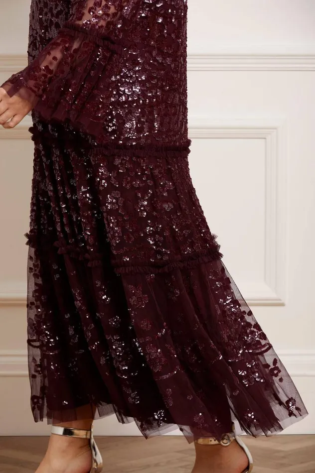 Women Embellished Dresses Needle and Thread Annie Sequin Tiered Ankle Gown Burgundy