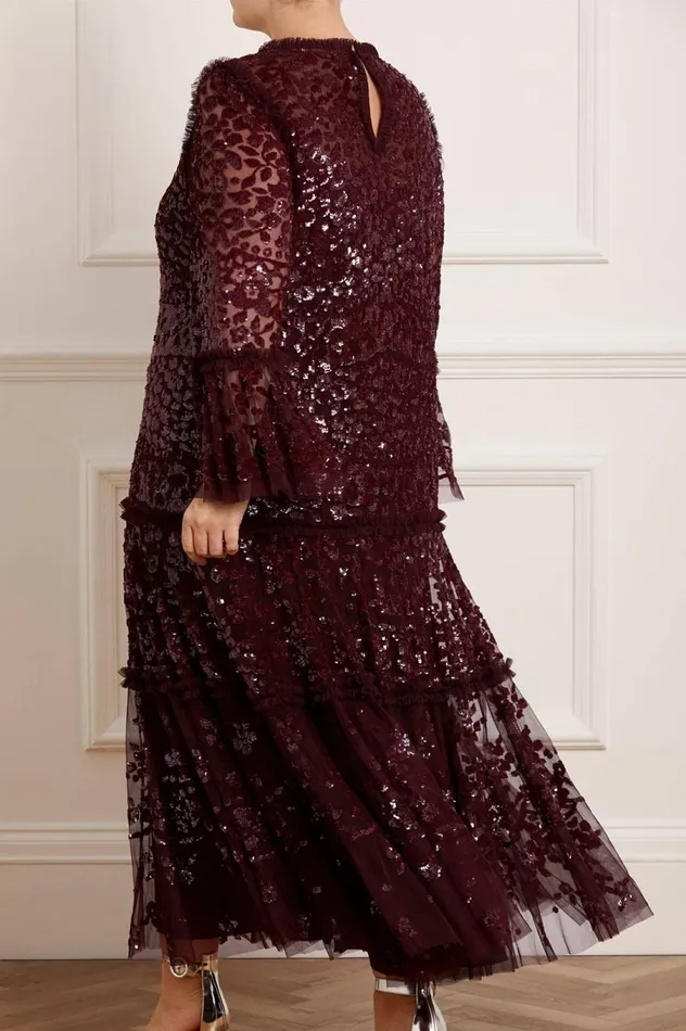 Women Embellished Dresses Needle and Thread Annie Sequin Tiered Ankle Gown Burgundy