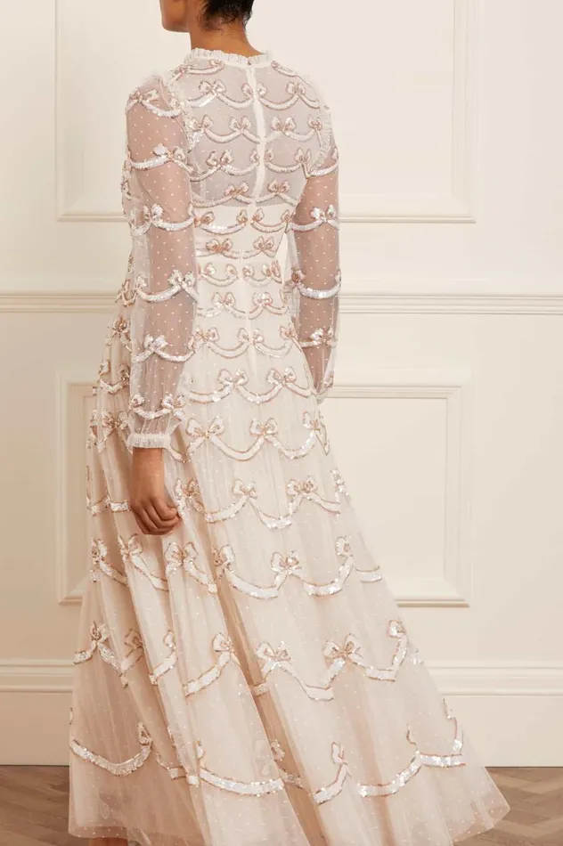 Women Embellished Dresses Needle and Thread Bow Sequin Long Sleeve Gown Champagne Women Embellished Dresses Needle and Thread Bow Sequin Long Sleeve Gown Champagne