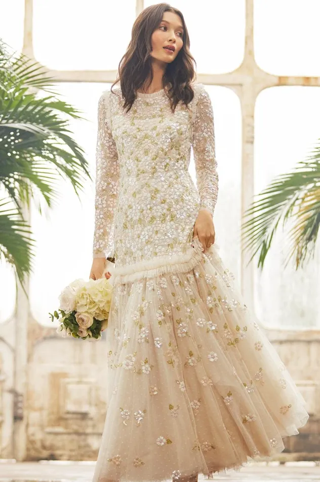 Women Embellished Dresses Needle and Thread Brianna Long Sleeve Gown Champagne