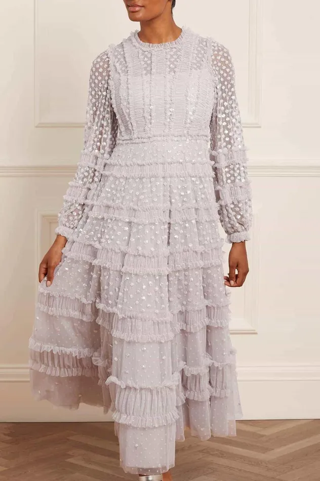 Women Embellished Dresses Needle and Thread Dot Shimmer Ankle Gown Grey