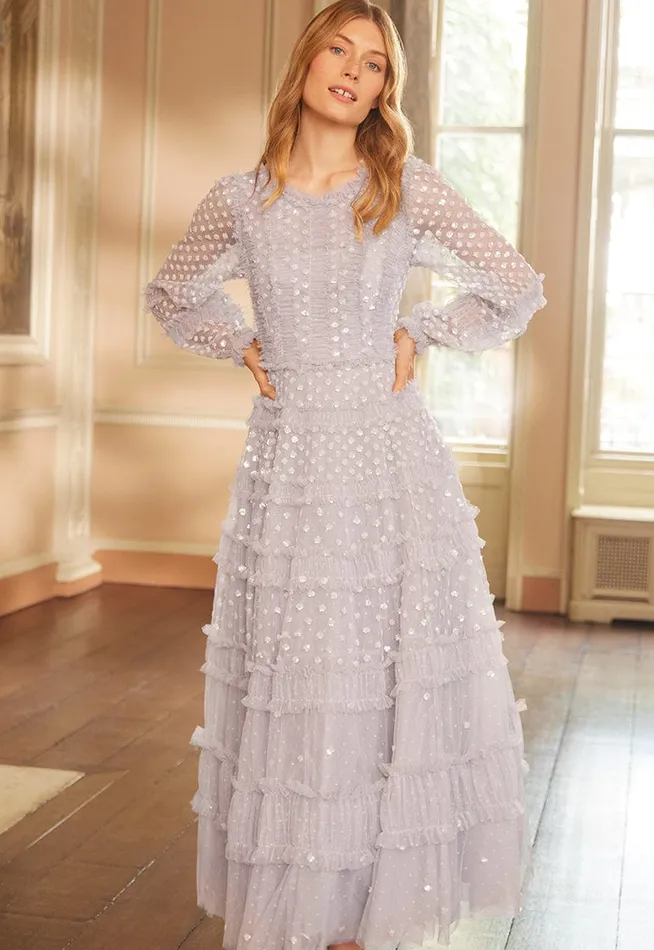 Women Embellished Dresses Needle and Thread Dot Shimmer Ankle Gown Grey