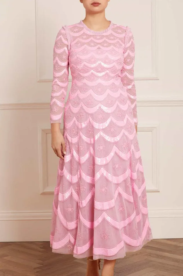Women Embellished Dresses Needle and Thread Fifi Long Sleeve Ankle Gown Pink